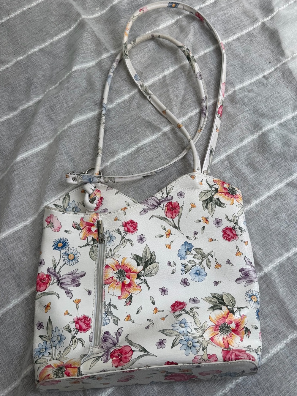 Italian Leather Floral Convertible Backpack Shoulder Bag White Cottagecore